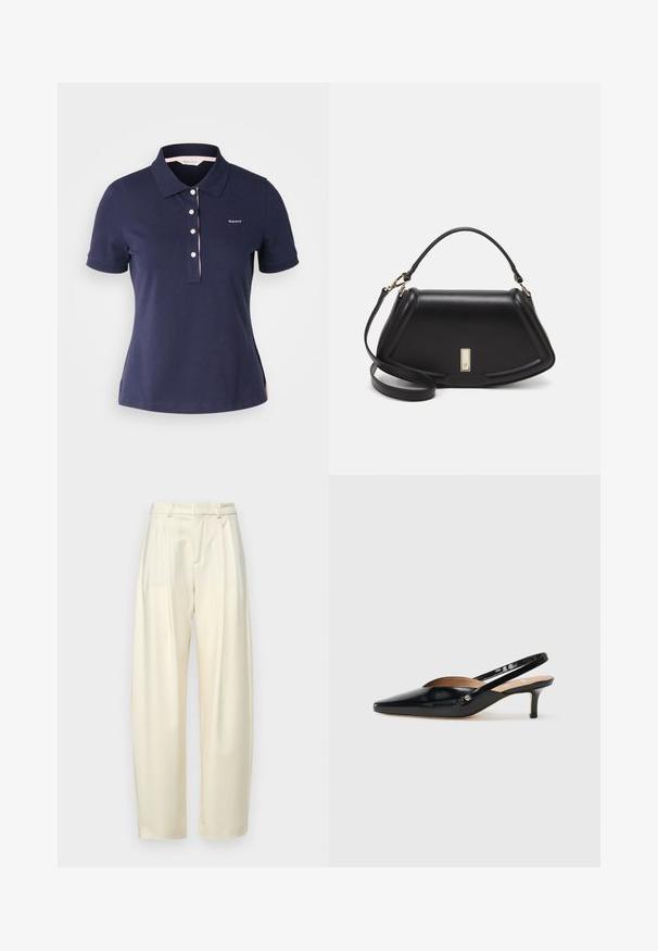 Námořnická modrá pánská polo košile z bavlny s klasickým límcem, třemi knoflíky a růžovým akcentem podél límce. Na hrudi má malé logo.; Plissé kalhoty s vysokým pasem ve světle krémové barvě. Mají rovný střih a hladkou texturu. Bez kapes a viditelného kovového zapínání.; Černé lakované slingback lodičky se špičatou špičkou, malým podpatkem a výřezovým designem na svršku. Zlaté kovové detaily na straně.; Černá kožená kabelka se strukturovaným designem, jejíž tvar je zkrácený, má horní rukojeť a zlaté kovové detaily. Součástí je i nastavitelný ramenní popruh.