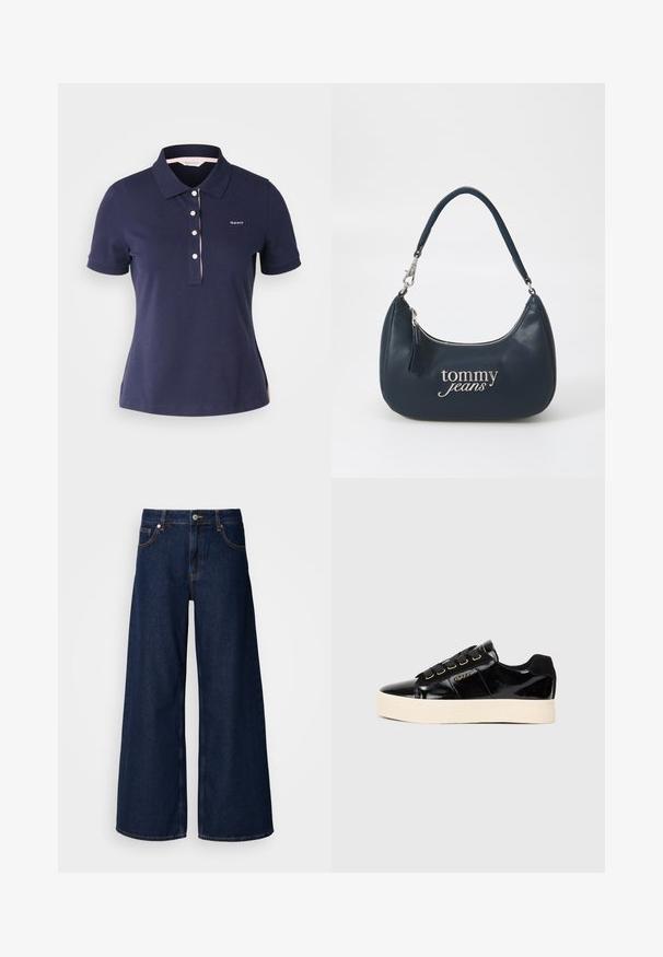 Navyblauwe katoenen polo met een klassieke kraag, drie knopen en een roze accent langs de kraag. Bevat een klein logo op de borst.; Zijde lange donkerblauwe denim jeans met een hoge taille, voorzakken en een knoopsluiting. Kenmerken zijn contrasterende stiksels en een gladde textuur.; Zwarte patent leren sneakers met een platte crèmekleurige zool. Voorzien van zwarte veters, gouden oogjes en logodetail aan de zijkant. Rondneus ontwerp.; Donkerblauwe leren handtas met een ronde vorm, zilveren rits en het logo "tommy jeans" in cursief lettertype aan de voorkant. Korte handgreep.