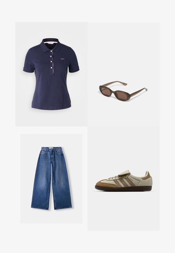 Marineblaue Baumwoll-Polohemd mit einem klassischen Kragen, drei Knöpfen und einem rosa Akzent entlang des Kragens. Verfügt über ein kleines Logo auf der Brust.; Bershka WIDE-LEG - Wide Leg - dark blue; Braune und cremefarbene Sportschuhe mit drei beigefarbenen Streifen, aus Wildleder und Leder gefertigt, Schnürdesign und Gummisohle. Textlogo an der Seite.; Braune ovale Sonnenbrillen mit dunklen Gläsern. Das Gestell besteht aus einem transparenten braunen Material und hat ein auf den Bügeln aufgedrucktes Logo.