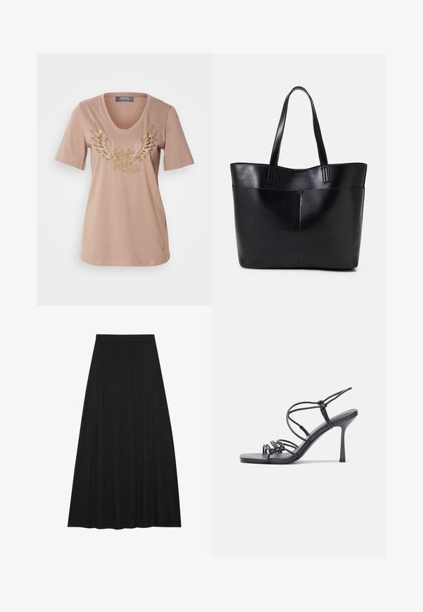Svetlo bež bombažna majica s kratkimi rokavi, z v-izrezom in kovinskim grafičnim motivom kril ter besedilom "Rock & Roll" v zlati in srebrni barvi.; Črna maksi krila iz mehkega, tekočega materiala. Ima elastičen pas in polno A-linijsko silhueto z gladko teksturo.; Črne visoke sandale na peto imajo tanke naramnice z vozlom, gladek kvadratni toe in eleganten stiletto peto.; Črna usnjena torba z dvema dolgima ročajema, gladko teksturo in strukturirano obliko. Ima sprednji žep za dodatno shranjevanje.; Srebrni obroči za ušesa z gladko, polirano površino. Okrogla oblika in varna zaponka s klikom. Lahka zasnova, primerna za vsakodnevno nošenje.
