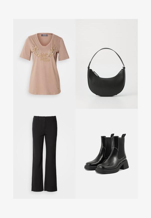 Gai bēšas kokvilnas T-krekls ar īsām piedurknēm, V veida izgriezumu un metalizētu spārnu grafiku ar "Rock & Roll" tekstu zeltā un sudrabā.; Melni kokvilnas auduma bikses ar taisnu kāju dizainu, priekšējo pogu aizdari un divām sānu kabatām. Gluda tekstūra, bez redzamām rakstu zīmēm.; Melni ādas Čelsijas zābaki ar masīvu papēdi, elastīgām sānu panelēm un kontrastējošu balto šuvumu. Teksturēts apdare.; Melna ādas plecu soma ar izliekta formu, šauru rokturi un rāvējslēdzēja aizdari. Izceļas ar gludu tekstūru un niansētu logo detaļu.