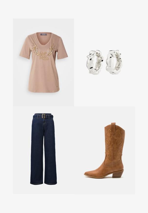 Helebeežist puuvillane t-särk lühikeste varrukatega, V-kaelusega ja metallilise tiivagraafikaga, millel on kuldne ja hõbedane "Rock & Roll" tekst.; Tumedat sinised laiad teksapüksid õmblustega taskutega ja sobiva vööga, millel on suur ristküliku kujuline kuldne kinnituskinnis.; Kohvitooni nahast cowboy-kork, millel on terav varvas, tikitud keerised varrel ja virnastatud ploki konts. Omab tõmbeava, et seda oleks lihtne jalga panna.; Hõbedased rõngaskõrvarõngad tekstuuriga, ebakorrapärase disainiga. Pind on peegeldav, näidates välja kõverusi ja kontuure. Sisemine ruum on tühi.