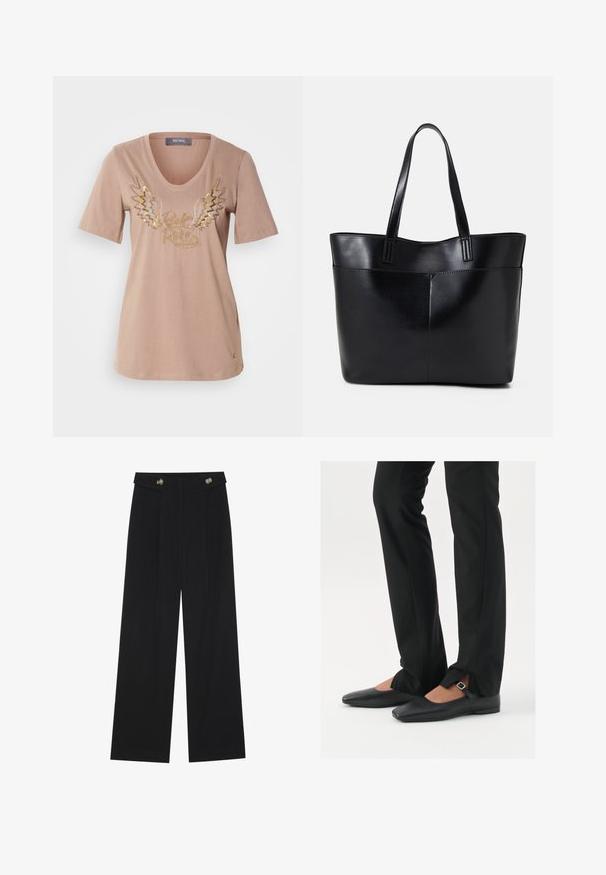 Világos bézs pamut póló rövid ujjakkal, V-nyakkal és fémes szárny grafikával, arany és ezüst "Rock & Roll" felirattal.; Fekete, bő szárú nadrág magas derékkal, gombos részletekkel a derékrészen és elülső pliszékkal.; Fekete bőr balettcipők hegyes orral, ezüst csattal ellátott pánttal, fekete szabott nadrággal, amelynek hasított szegélye van.; Fekete bőr bevásárlótáska két hosszú fogantyúval, sima felülettel és strukturált formával. Elülső zseb található rajta a plusz tárolás érdekében.