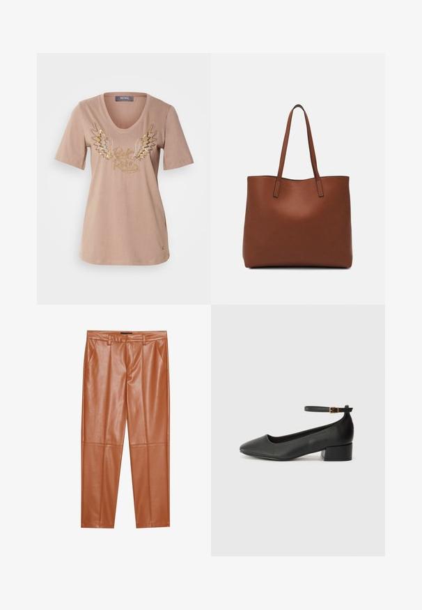 Tricou din bumbac bej deschis, cu mâneci scurte, decolteu în formă de V și grafică metalică cu aripi, având textul "Rock & Roll" în aur și argint.; Pantaloni din piele ecologică maro, cu o croială bine definită, având pliseuri frontale și picioare drepte. Textură netedă, fără hardware sau accentuare vizibilă.; Pantof cu toc negru din piele, cu vârf ascuțit și toc mic pătrat. Dispune de o curea la gleznă cu o cataramă în tonuri de aur. Textură netedă.; Geantă de umăr din piele maro cu o textură netedă, design cu vârf deschis și două curele pentru umăr. Prezintă cusături minime și fără componente metalice vizibile.
