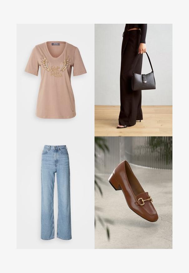 Camiseta de algodón color beige claro con mangas cortas, escote en forma de V y un gráfico metálico de alas con el texto "Rock & Roll" en dorado y plateado.; Vaqueros de tiro alto de color azul claro con pernera recta, hechos de denim, que presentan un cierre frontal con botón y detalles de desgaste sutil.; Mocasines de charol marrón con punta cuadrada, acento de cadena metálica y tacón bajo; textura suave, diseño minimalista.; Bolso negro con forma estructurada, textura suave y un cierre metálico. Combinado con pantalones anchos negros y sandalias de dedo en un suelo de madera.