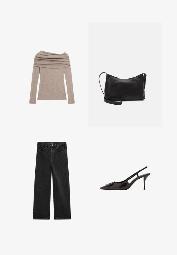 Langsleeve, off-the-shoulder top in een lichte taupe kleur. Gemaakt van zachte stof met een gedrapeerde halslijn en aansluitende mouwen.; Wijd gesneden zwarte denim jeans met een subtiel verticaal streepmotief, voorzien van een vijfzakkenontwerp en een klassieke knoopsluiting bij de taille.; Zwarte gepatineerde leren slingback schoen met puntige neus, minimalistisch ontwerp, kleine ronde accent op de voorkant, en slanke hak.; Zwarte leren schoudertas met een gladde textuur, gebogen vorm, verstelbare schouderband en een ritsafsluiting. Minimalistisch ontwerp zonder versieringen.