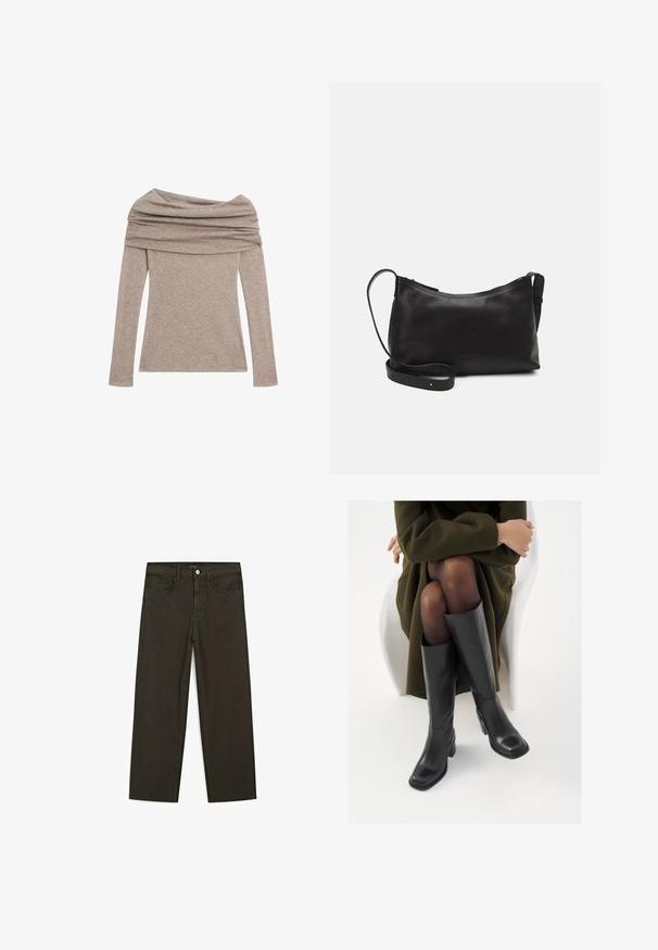 Langärmliges, schulterfreies Oberteil in einem hellen Taupe-Ton. Hergestellt aus weichem Stoff mit einem drapierten Ausschnitt und figurbetonten Ärmeln.; Dunkelgrüne Jeans im weit geschnittenen Style, hergestellt aus einem Baumwollgemisch. Sie verfügen über einen Frontknopfverschluss, fünf Taschen und klassische Denim-Nähte.; Knöchelhöhe schwarze Lederstiefel mit quadrater Spitze und Blockabsatz, gezeigt mit einem Modell, das einen olivgrünen Mantel trägt. Glatte Textur, minimale Details.; Schwarze Ledertasche für die Schulter mit glatter Textur, geschwungener Form, verstellbarem Tragegurt und Reißverschluss. Minimalistisches Design ohne Verzierungen.
