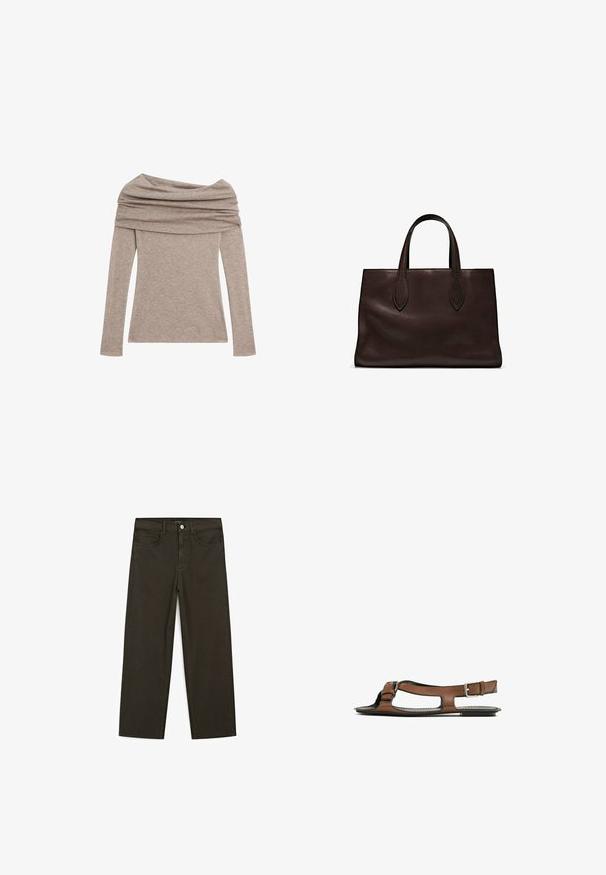 Langärmliges, schulterfreies Oberteil in einem hellen Taupe-Ton. Hergestellt aus weichem Stoff mit einem drapierten Ausschnitt und figurbetonten Ärmeln.; Dunkelgrüne Jeans im weit geschnittenen Style, hergestellt aus einem Baumwollgemisch. Sie verfügen über einen Frontknopfverschluss, fünf Taschen und klassische Denim-Nähte.; Braune Leder-Sandale mit offener Zehenpartie und seitlichen Ausschnitten. Sie verfügt über einen Knöchelriemen mit einer metallischen Schnalle und eine flache Sohle.; Braune Ledertasche mit zwei langen Griffen, strukturierte rechteckige Form, glatte Textur und dezente Nähdetails.