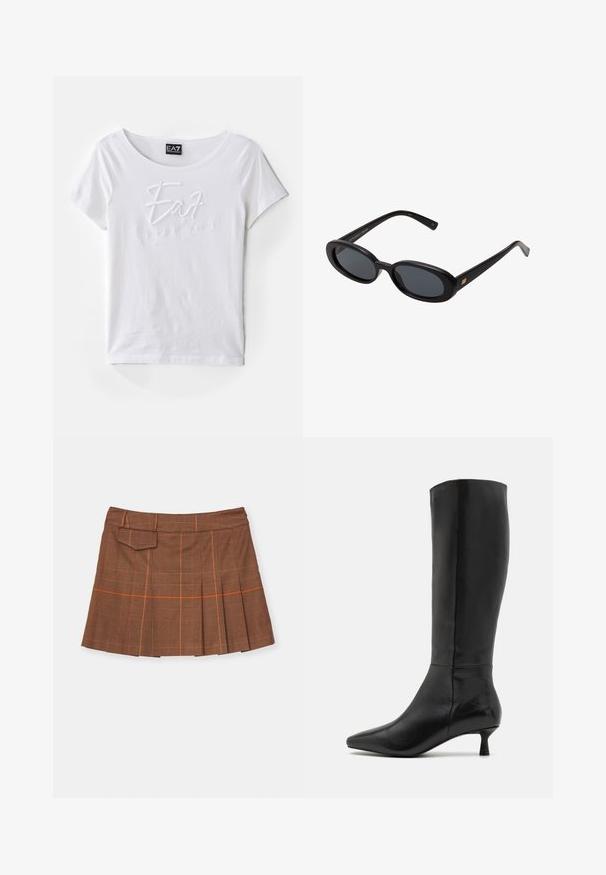 Bela bomba majica iz bombaža s kratkimi rokavi in okroglim izrezom, na sprednji strani ima izšite belo embalažo "EA7 Emporio Armani".; Rjava karo suknja z naborki, oranžnimi poudarki in stransko žepom. Narejena iz teksturiranega materiala z prilegajočim pasom.; Zign Škornji - black; Črne oversize sončne očala z ovalnimi lečami, gladkim plastičnim okvirjem in zlatenimi detajli na templjih. Temne leče zagotavljajo zaščito pred soncem.