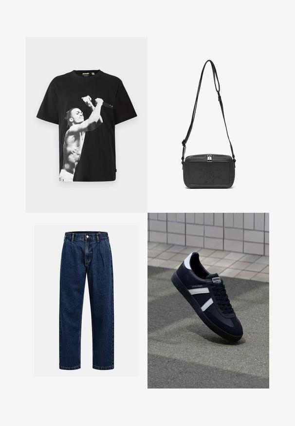 Svart oversized t-skjorte med et stort svart og hvitt grafisk motiv av en skjorteløs figur som holder en mikrofon. Laget av bomull.; Mørkeblå denimjeans med rett ben-design. Har synlige sømmer, knappestengning og frontfolder for ekstra detaljer.; Sorte lærersneaker med hvite striper, teksturert gummihæl og snøring foran. Har et merketikett på tungen.; Svart skinn crossover-veske med glidelås, preget logo på fronten og justerbar stropp. Glatt tekstur med rektangulær form.