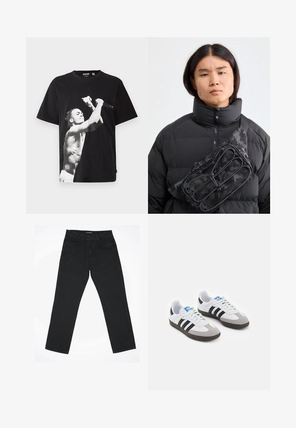 Čierne veľké tričko s veľkým čierno-bielym grafickým motívom nahého muža, ktorý drží mikrofón. Vyrobené z bavlnenej látky.; Čierne riflové nohavice so strižením rovného strihu, piatimi vreckami a klasickým pásom. Textília má hladkú štruktúru a minimálne detaily.; Športové topánky s bielym koženým zvrškom, šedou semišovou špičkou a tromi čiernymi pruhmi. Obsahujú modré logo na jazyku a štruktúrovanú gumovú podrážku.; Čierny nylonový bedrový batoh s maskáčovým vzorom a zipsovými priehradkami, nosený diagonálne cez čiernu prešívanú bundu s vysokým golierom.