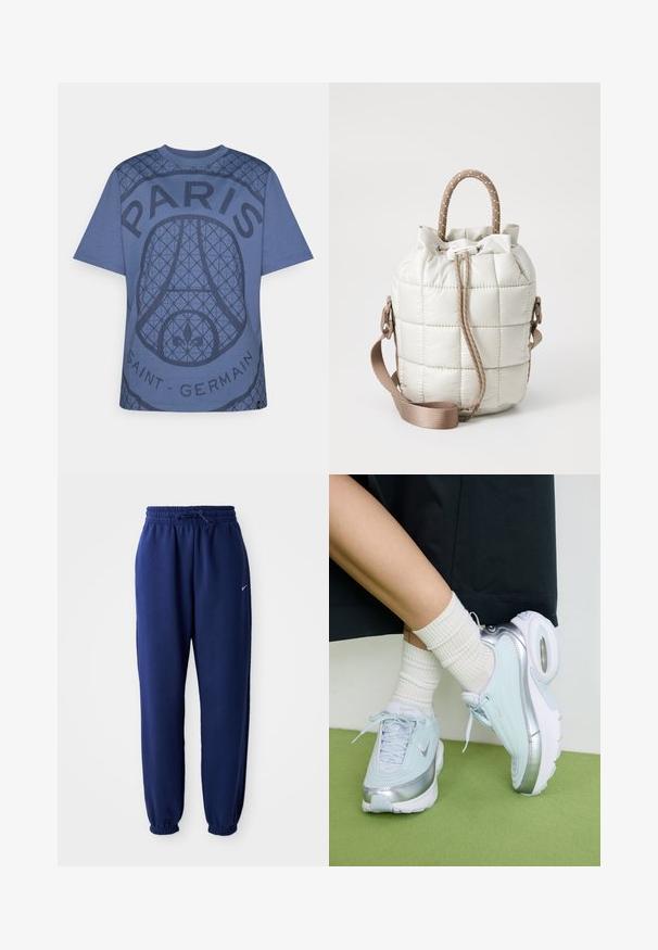 Zila kokvilnas T-krekls ar teksturētu grafisko dizainu, kurā ir uzraksti "PARIS" un "SAINT-GERMAIN", ar apaļu apkakli un īsām piedurknēm.; Navy zila sporta bikses, izgatavotas no mīksta auduma, ar elastīgu jostu ar auklu, elastīgiem piedurknēm un mazu balto logo.; Gaiši zili sporta apavi ar sudraba akcentiem, teksturēts augšējais pārklājums, mīksts zole un redzama gaisa vienība. Apvienoti ar baltām ribotām zeķēm.; Pīrāgojuma gaiši beidžs soma ar savilktu augšpusi, kas aprīkota ar bizīgām rokturiem un noņemamu siksnu. Gluda tekstūra ar maigu spīdumu.