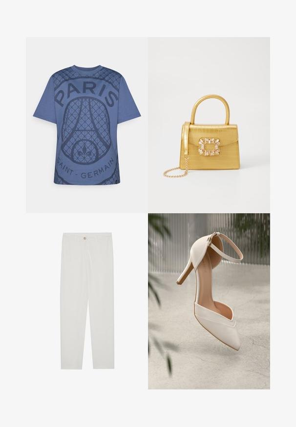 Zila kokvilnas T-krekls ar teksturētu grafisko dizainu, kurā ir uzraksti "PARIS" un "SAINT-GERMAIN", ar apaļu apkakli un īsām piedurknēm.; Baltas, pielāgots bikses ar taisnu kāju dizainu, ar pogu aizdari, jostu cilpām un sānu kabatām; gluda auduma tekstūra.; Balta augstpapēžu kurpe gludā materiālā ar smailu purngalu un potītes siksniņu. Iekšpuse ir gaiši brūna, un ir zelta tonī detalizējumi.; Dzeltena mākslīgā krokodila roku soma ar strukturētu dizainu, augšējo rokturi, noņemamu ķēdes siksniņu un dekoratīvām kristāla rotājumiem aizdares daļā.