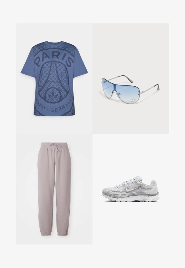 Blue cotton t-shirt featuring a textured graphic design with "PARIS" and "SAINT-GERMAIN" text, round neckline, and short sleeves.; Light mauve fleece sweatpants with elastic waistband, drawstring, side pockets, and elastic cuffs, shown flat against a white background.; Light gray athletic shoes with a mesh and synthetic upper, featuring a lace closure, padded collar, and textured sole for grip.; Aviator sunglasses featuring a gradient blue lens, silver metal frame, and decorative star accents on the lens. Smooth and sleek design.