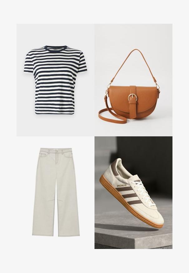Marineblå og hvite stripete t-skjorte med korte ermer og rund hals. Mykt stoff, avslappet passform og jevn horisontal stripemønster.; Lys grå vide bukser med fem lommer, frontknaplukning og kontrastsying langs sømmene. Stoffet ser blødt og holdbart ud.; Hvite semskede sneakers med brune lærdetaljer, tre brune striper og hvite snørebånd. Har en teksturert gummisåle og gull "SPEZIAL" logo.; Brun lærcrossbody-veske med en buet form, gullhardware og et spenneakcent. Har en avtakbar skulderreim.