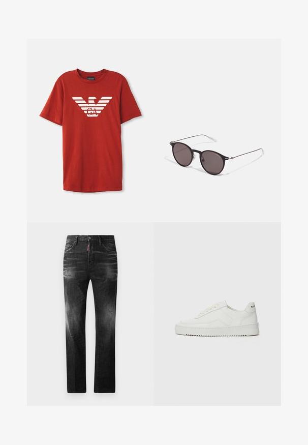 Raudona medvilninė marškinėliai trumpomis rankovėmis. Ant priekinės dalies puikuojasi didelė balta dryžuota grafikos logotipas, papuoštas erelio motyvu ir inicialais.; Juodi džinsai su tiesiu kirpimu. Spalvoti svyrantys plotai, šiek tiek sugadinti, klasikinis penkių kišenių dizainas ir mygtuko uždarymas.; Balti odiniai sportiniai bateliai su lygia apdaila, apvaliu pirštu, plokščiais raišteliais ir tekstūruotu padu. Pasižymi subtiliu logotipu ant kulno.; Juodos apvalios saulės akinių su tamsiais lęšiais ir plonomis metalinėmis šakomis. Įtraukti skaidrūs šventyklų galai ir sidabriniai akcentai vyrio srityje. Minimalistinis dizainas.