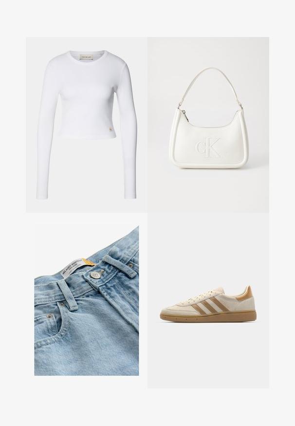 Biały długi rękaw crop top wykonany z prążkowanej tkaniny. Posiada okrągły dekolt oraz małą metkę z logo na dolnej lewym boku.; Jasnoniebieskie dżinsy z luźnym krojem bootcut, średnim stanem, metalowym zapięciem na guzik oraz metką z napisem "RELAXED BOOTCUT."; Beżowe zamszowe sneakersy z jasnobrązowymi akcentami. Posiadają trzy brązowe paski, teksturowaną gumową podeszwę oraz okrągły ksztalt czubka.; Biała skórzana torebka o zaokrąglonym kształcie, z wytłoczonym logo "CK" z przodu i pojedynczym paskiem na ramię. Zapięcie na zamek z góry.