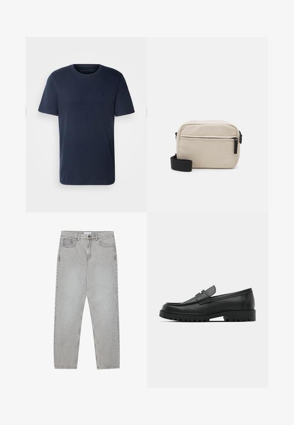 Marineblå bomulds t-shirt med korte ærmer, rund hals og et lille broderet logo på brystet. Glat stof, normal pasform.; Lysegrå denimbukser med lige ben, fem lommer og knaplukning. Synlig syning langs sømmene.; Sorte læder loafers med rund tå, der har et syet design, lav platformssål og en struktureret, skridsikker gummisål.; Cremefarvet kordfløjl crossbody taske med en sort lynlås, aftagelig skulderrem og struktureret mønster. Har et hovedrum og en frontlomme.