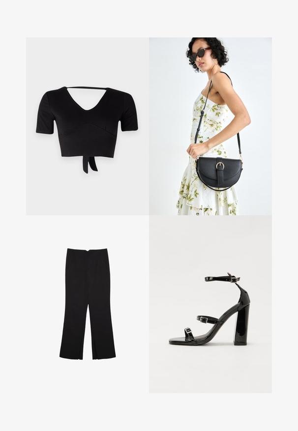 Černý zkrácený top vyrobený z elastické látky, s výstřihem do V, krátkými rukávy a mašlí na lemu. Hladká textura s jemnými švy.; Černé kalhoty s rovným střihem, s předními kapsami a bočními rozparky na lemu. Vyrobené z jemné, hladké tkaniny. Vhodné na různé příležitosti.; Černé lakované sandály na podpatku se čtveratou špičkou, lýtkovými pásky a stříbrnými přezkami. Disponují masivním blokovým podpatkem pro stabilitu.; Černá kožená kabelka s křivkovým tvarem, odnímatelným popruhem a zlatými detaily. Kabelka má klopu s přezkou.