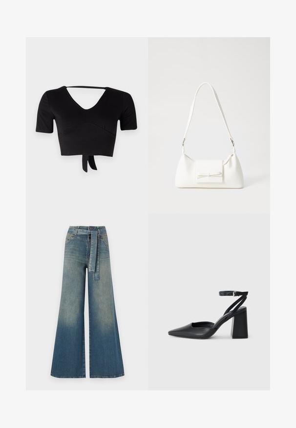 Svart cropped topp laget av stretchy stoff, med V-hals, korte ermer og en knyttedetalj nederst. Glatt tekstur med subtile sømmer.; Bredde ben jeans med en lyseblå til mørkeblå gradient, høyt liv, beltehemper og et matchende belte i samme stoff. Teksturert denimoverflate.; Svart lær pumps med spiss tå, ankelrem og kraftig hæl. Flat tekstur, strømlinjeformet design og minimalisme.; Hvit syntetisk håndveske med trekantet form, flat klaff foran og sløyfe detaljer, justerbar stropp, glatt tekstur og minimalistisk design.