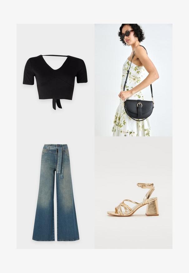 Čierny skrátený top z elastického materiálu s výstrihom do V, krátkymi rukávmi a detailom viazania na leme. Hladká textúra s jemnými švami.; Džínsy s širokými nohavicami, ktoré majú prechod od svetlomodrej po tmavomodrú, vysoký pás, pútka na opasok a opasok z rovnakého materiálu. Textúrovaný denimový povrch.; Zlaté metalické sandále na podpätku so strappy dizajnom, štvorcovým blokovým podpätkom a nastaviteľným členkovým remienkom so sponou. Hladká textura.; Čierna kožená kabelka s zaobleným tvarom, odnímateľným popruhom a zlatými doplnkami. Kabelka má klopu s detailom s prackou.