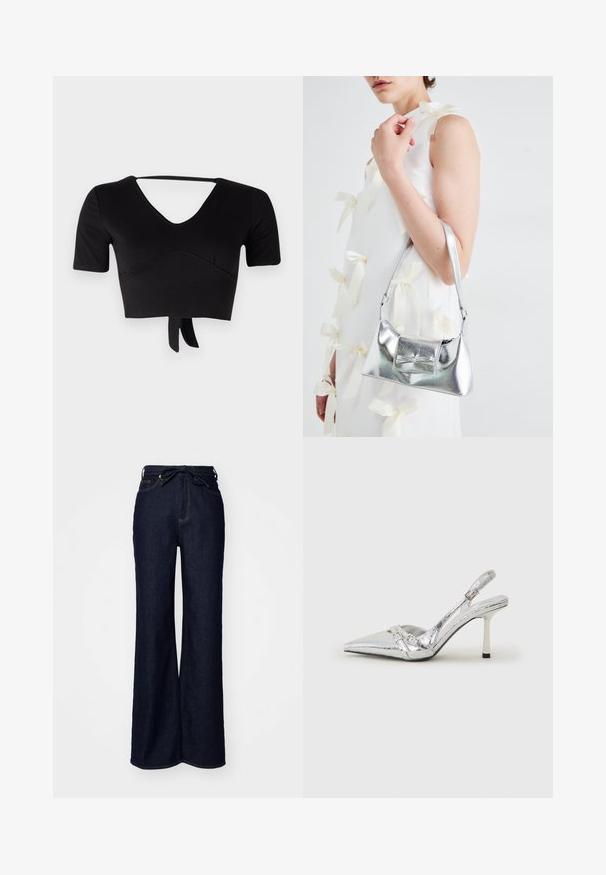 Black cropped top made of stretchy fabric, featuring a V-neck, short sleeves, and a tie detail at the hem. Smooth texture with subtle seams.; Dark blue wide-leg jeans made of denim, featuring a high waist, front pockets, and a tie closure at the waist.; Silver slingback high heel shoe with a pointed toe, metallic finish, two decorative straps, and a slender heel with a black tip.; Silver metallic handbag with a structured shape, featuring a top handle and bow detail on the front. Smooth texture, reflective finish.