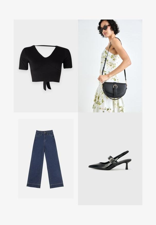 Crna kratka majica od rastezljivog materijala, s V-izrezom, kratkim rukavima i mašnom na rubu. Glatka tekstura s suptilnim šavovima.; Široke traperice u tamnoplavom denimu. Imaju pet džepova, petlje za pojas i siroki rub na dnu s vidljivim detaljima šavova.; Crne lakirane slingback potpetice s oštrim prstom i malom blok petom, s naglaskom na srebrnoj kopči na remenu.; Crna kožna torba s lukovitim oblikom, odvojivim remenom i zlatnim detaljima. Torba ima preklop s kopčom.