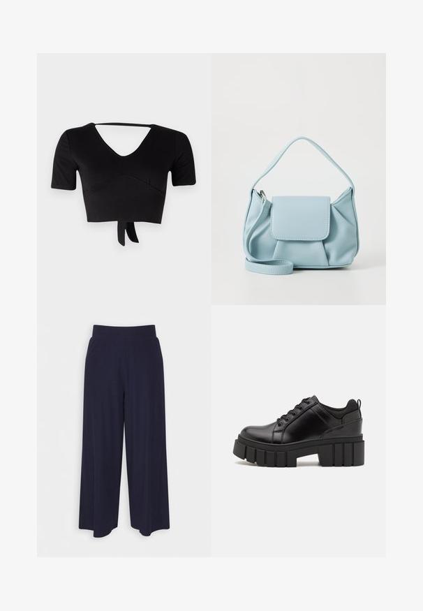 Must mustriga top mustjast elastseks kangast, millel on V-kaelus, lühikesed varrukad ja säärtes lipsu detail. Sile tekstuur peente õmblustega.; Tumed põlvpüksid tumedast meresinisest kangast, millel on sooneline tekstuur. Omab sujuvat vööd ja voolavat siluetti, ulatudes pooleni säärest.; Must musta platvormsussid paksu plokkninal, ümmarguse varbaga ja traditsioonilise nööridega kinnitamisega. Sussid on sileda tekstuuriga ja minimaalsete detailidega.; Heledad sinine nahkrahakott ülemise käepidemega, esiküljel klapiga tasku ja eemaldatav randmepael valgel taustal.