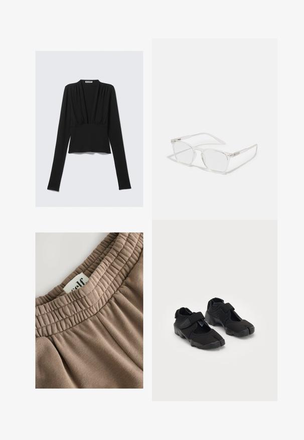 Čierny dlhý rukáv cropped top s hlbokým výstrihom do V a jemnými záhybmi pod krkom, ležiaci rovno na svetlom pozadí.; Hnedý elastický pás s nariasenou textúrou, priložená nálepka s nápisom "self" a mäkká látka má hladký povrch a neutrálny odtieň.; Čierne vodné topánky vyrobené z flexibilného materiálu s suchým zipsom, ktoré majú jedinečný dizajn s rozdelenými prstami a textúrovanú gumovú podrážku pre lepšiu priľnavosť.; CHPO ZEBBE UNISEX - Okuliare s filtrom modrého svetla - transperent