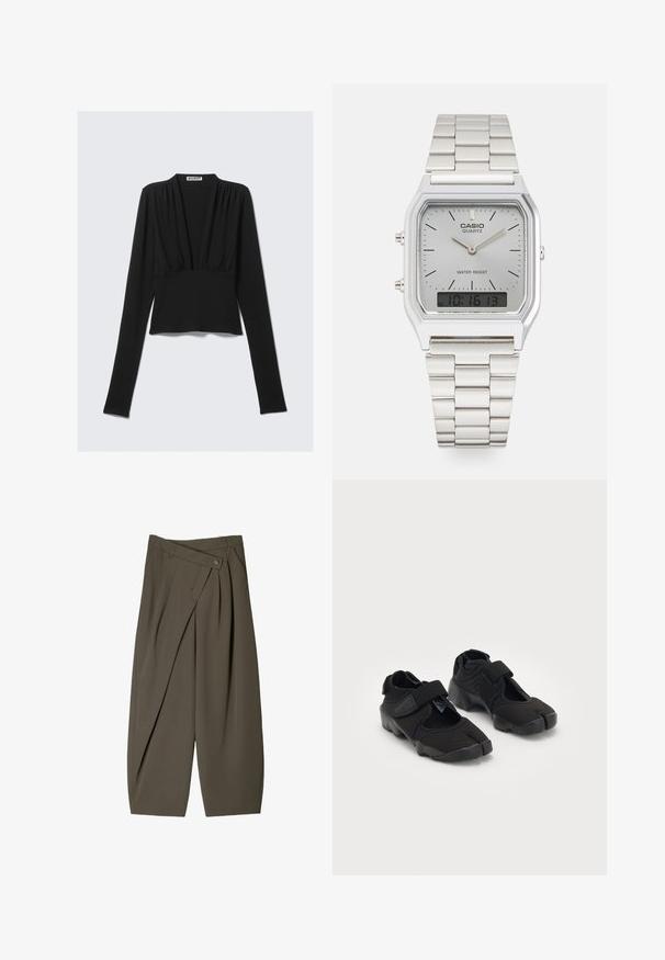 Top corto a maniche lunghe nero con scollatura a V profonda e leggere arricciature sotto il collo, disposto su uno sfondo chiaro.; Pantaloni larghi in tessuto verde oliva scuro, con un design frontale plissettato, chiusura con bottone e una superficie lucida e strutturata.; Scarpe d'acqua nere realizzate in tessuto flessibile con una fascia in Velcro, dotate di un design unico a punta divisa e suola in gomma texturizzata per una buona aderenza.; Orologio Casio al quarzo argento con quadrante rettangolare, display analogico e digitale, bracciale in acciaio inossidabile e caratteristiche di resistenza all'acqua.