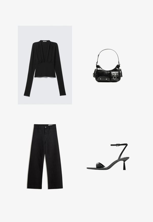 Schwarzes, langärmeliges, cropped Oberteil mit tiefem V-Ausschnitt und leichten Rüschen unterhalb des Ausschnitts, auf einem hellen Hintergrund flach ausgelegt.; Schwarze weit geschnittene Jeans mit hoher Taille, ausgestattet mit Vorder- und Hintertaschen, gesteppten Nähten und einem Knopfverschluss. Glatte Textur.; Bershka High Heel Sandalette - black; Schwarze Lackleder-Handtasche mit geschwungenem Design, einem Schulterriemen, Vordertaschen und silberfarbenen Hardware-Akzenten.