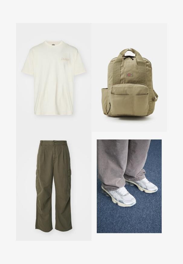Kratka kremna majica s kratkimi rokavi iz bombaža, z diskretnim bež logotipom na levem prsnem predelu. Klasičen kroj ovratnika in sproščen fit.; Kargo hlače v olivno zeleni barvi, izdelane iz bombaža, s širokim krojem, nabranimi detajli in stranskimi žepi za praktičnost.; Beli športni čevlji iz mrežastega materiala s srebrnimi poudarki, z debelim podplatom in vezalkami. Oblečeni z sivimi kordurovnimi hlačami. Modro preprogovno ozadje.; Khaki nahrbtnik z oblazinjenimi naramnicami, sprednjim žepom in okroglo oznako. Narejen iz trpežne tkanine, z zgornjim ročajem in stranskim žepom.