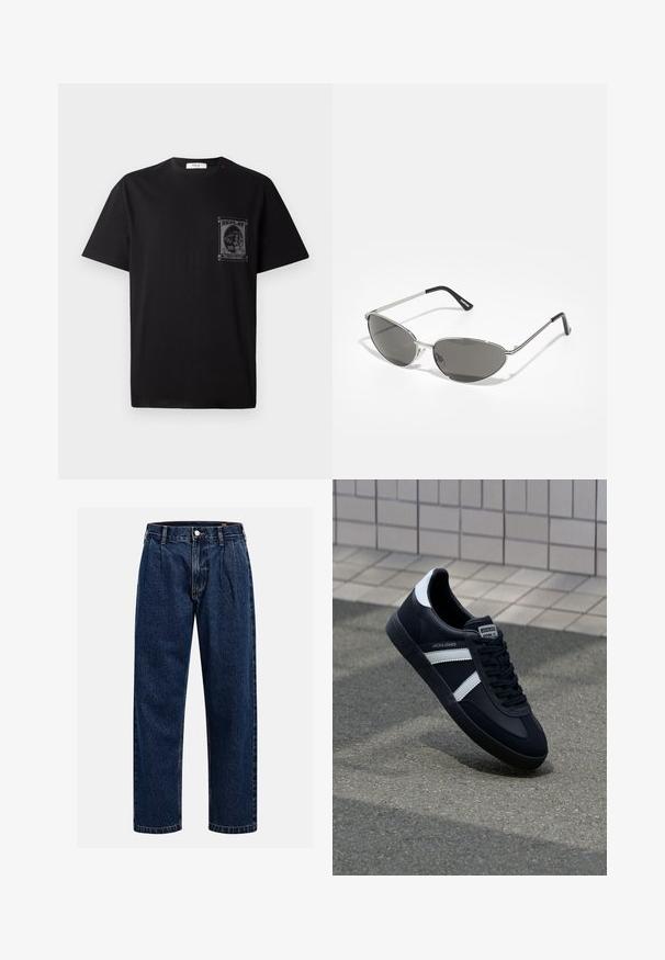 Musta puuvillapaita lyhyillä hihoilla, jossa on graafinen printti vasemmassa rinnassa ja pieni punainen yksityiskohta kaula-aukon lähellä.; Tummansininen farkkushortsit suoralla lahkeella. Ominaisuuksiin kuuluvat näkyvät saumat, napitus ja etulaskokset lisäyksinä.; Mustat nahkakengät valkoisilla raidoilla, teksturoitu kumipohja ja nauha edessä. Varustettu merkkitarralla kielen päällä.; Aurinkolasit, joissa on tyylikäs, hopeanvärinen metallikehys, harmaasti sävytetyt linssit ja aerodynaaminen muotoilu, jossa on terävät reunat ja ohuet varret.