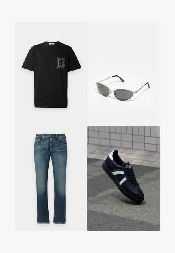 Crna pamučna majica s kratkim rukavima, s grafičkim printom na lijevoj strani prsnog koša i malim crvenim akcentom blizu izreza.; Plave traperice sa ravnim krojem, izblijedjelim pranjem, pet dzepova i kontrastnim šavovima. Zatvaranje na dugme i patentni zatvarač.; Crne kožne tenisice s bijelim prugama, strukturirana gumena potplate i vezanjem sprijeda. Ima oznaku brenda na jeziku.; Naočale s modernim srebrnim metalnim okvirom, sivo zaštićenim lećama i aerodinamičnim dizajnom sa oštrim ivicama i tankim nogicama.