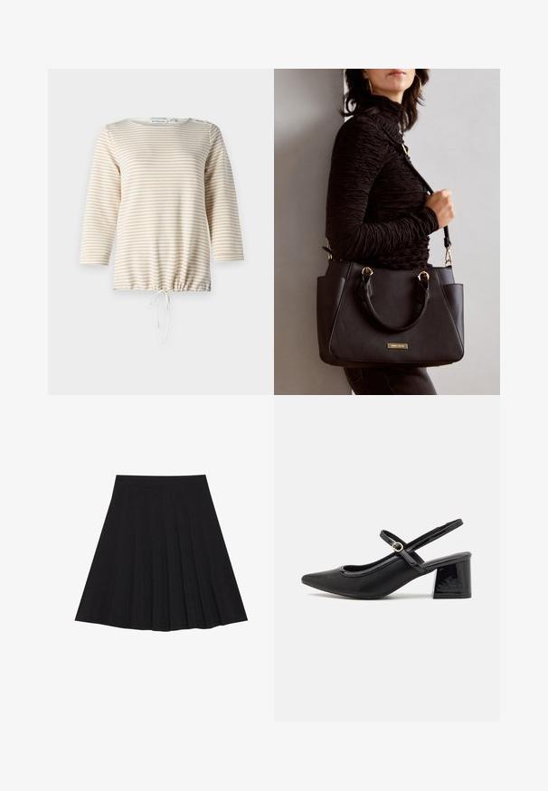 Striped pullover top in beige and cream, featuring a round neckline, three-quarter sleeves, and a drawstring hem for adjustable fit.; Black pleated skirt made of textured fabric with a fitted waistband. Falls to knee length, featuring a smooth, clean silhouette.; Black patent leather slingback heels with a pointed toe, a rounded cutout design, and a block heel. Features a gold-tone buckle accent.; Black handbag with textured surface, dual top handles, and adjustable shoulder strap. Features gold-tone hardware and side pockets.