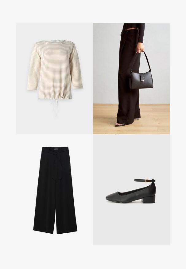 Pruhovaný svetr v béžové a krémové barvě, s kulatým výstřihem, tříčtvrtečními rukávy a stahovacími okraji pro nastavitelný fit.; Černé kalhoty s širokými nohavicemi, vyrobené z texturované tkaniny, s elastickým pasem a odnímatelným páskem na úpravu velikosti.; Černé kožené lodičky s špičatou špičkou a nízkým blokovým podpatkem. Obsahují pásek kolem kotníku se zlatou sponou. Hladký povrch.; Černá kabelka se strukturovaným tvarem, hladkým povrchem a kovovým uzávěrem. Kombinována s širokými černými kalhotami a sandály s otevřenou špičkou na dřevěné podlaze.
