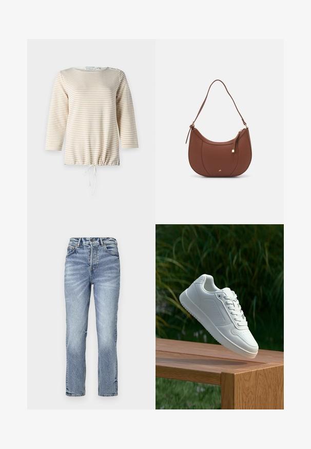 Striped pullover top in beige and cream, featuring a round neckline, three-quarter sleeves, and a drawstring hem for adjustable fit.; Light blue denim jeans with a straight fit, high waist, faded texture, and five pockets. Features metal button and zipper closure.; White sneaker with a smooth synthetic upper, perforated toe box, flat laces, and a textured sole, displayed on a wooden surface.; Brown faux leather shoulder bag with curved shape, minimal stitching, and a gold-tone hardware accent. Features a top zipper closure and adjustable strap.