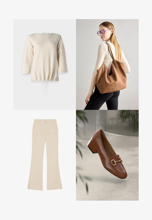 Prugasti pulover u bež i krem boji, s okruglim izrezom, rukavima do tri četvrtine i rubom sa vezicom za prilagodljivu veličinu.; Bež široke hlače s visokim strukom, izrađene od pamučne tkanine. Imaju prednje i stražnje džepove, petlje za remen i jedan srebrni gumb.; Smeđi lakirani loafer s kvadratnim vrhom, metalnim lancem kao naglaskom i niskom blok petom; glatka tekstura, minimalistički dizajn.; Smeđa suede torba sa mekom teksturom, širokim otvorom i dugim trakama. Ima jednostavan dizajn s vidljivim šavovima i bez hardvera.