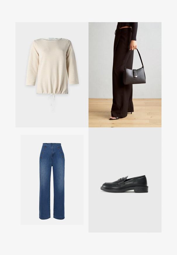 Randig tröja i beige och kräm, med rund halsringning, trekvartslånga ärmar och dragsko i nederkanten för justerbar passform.; Höga jeans i medelblått. Har knappar framtill och vida ben. Tyget har en slät textur med lätt blekning.; Svarta läderloafers med rund tå, sydda detaljer och en liten klack. Slät yta och en flexibel gummisula.; Svart handväska med strukturerad form, slät yta och metallspänne. Matchad med vida svarta byxor och sandaler med öppen tå på trägolv.