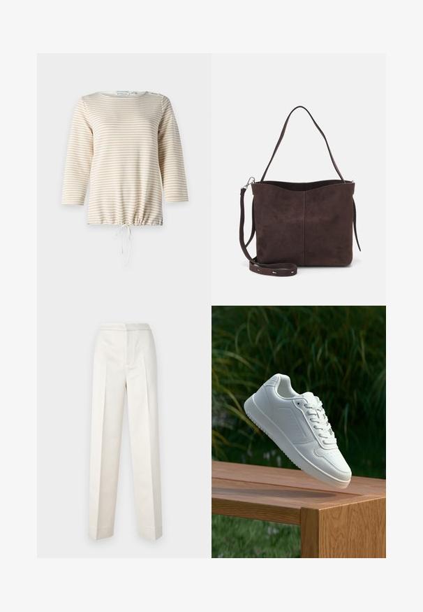 Prugasta puloverka v bež in krem barvi, z okroglim izrezom, rokavi do tri četrtine in vezalnim robom za prilagodljivo prileganje.; Hlače kremaste barve s krojem po meri, vsebujejo ravno nogavico, gladko blago, sprednje naborke in čist rob. Minimalističen dizajn.; Bela teniska s gladkim sintetičnim zgornjim delom, perforiranim prednjim delom, ravnimi vezalkami in teksturiranim podplatom, prikazana na leseni površini.; Rjava gamoška torba z mehkobo teksturo, ki ima en samo ramenski trak in subtilno ukrivljen zgornji del. Brez vidnih kovinskih detajlov.