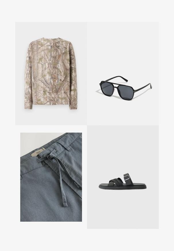 Long-sleeve shirt in a camo pattern featuring shades of brown, green, and gray, with a round neck and a relaxed fit. Textured surface resembles tree bark.; Gray fabric shorts with a soft texture, featuring a knotted drawstring and belt loops. Label indicates "NEXT" brand at the waistband.; Black sandal featuring braided straps, a flat sole, and a buckled ankle strap. Made from synthetic material with a smooth finish.; Black sunglases with octagonal frame, dark lenses, glossy finish, thin temples, and gold accents on the front.