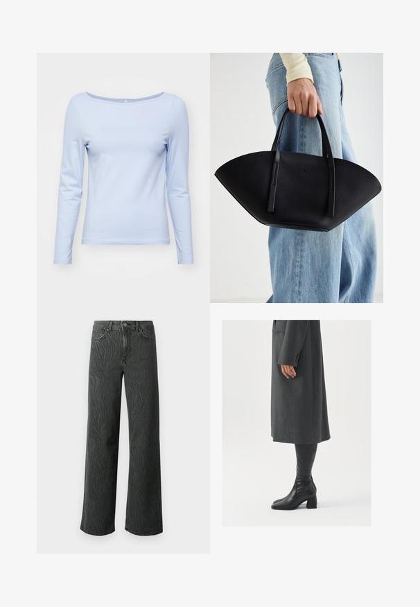 Világoskék, hosszú ujjú blúz puha anyagból, széles nyakkivágással és testhez simuló fazonnal. Sima textúrájú és egyszerű stílusú.; Sötét szürke denim széles lábú farmer, diszkrét zebra mintás textúrával, kontrasztos varrással és öt zsebes kialakítással, gombos zipzárral.; Szürke, szabott overál, egyenes vonallal; térd fölé érő fekete bőrcsizmákkal párosítva, négyzetes orral és vastag sarokkal.; Fekete bőr kézitáska egyedi legyezőformával, lapos füllel. A felülete kőriszerű textúrájú és minimalista dizájnnal rendelkezik.