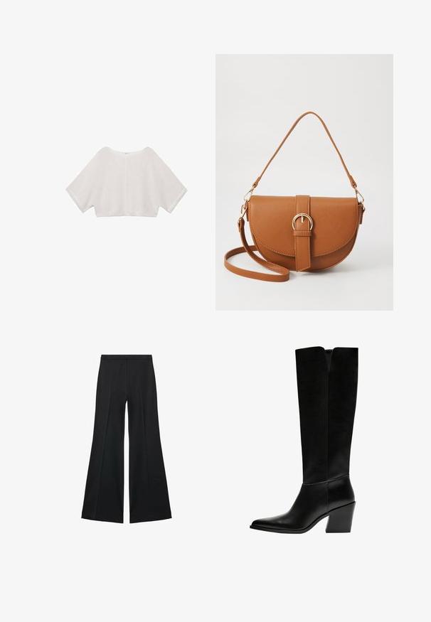Cropped open-knit top in light gray, featuring a wide boat neckline and batwing sleeves, with a soft texture and minimal seams.; Black wide-leg pants with a smooth texture, featuring front pleats and a tailored design. The fabric is lightweight and flowy.; Black knee-high boots made of smooth leather, featuring a pointed toe, a block heel, and a V-shaped cutout at the top.; Brown leather crossbody bag with a curved shape, gold hardware, and a buckle accent. Features a detachable shoulder strap.