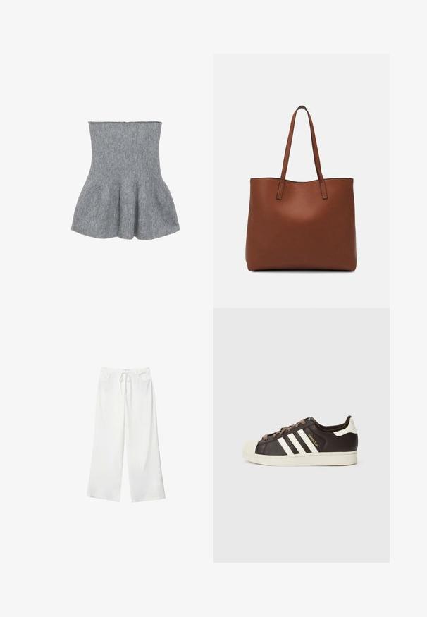 Mango Top - grey; Bijele hlače širokih nogavica od mekanog materijala, s elastičnom trakom u struku i dva prednja džepa. Glatka tekstura i bez vidljivih uzoraka.; Niska Adidas Superstar tenisica od tamnobraon kože s krem školjkastim vrhom, bijelim prugama i natpisom "Superstar" sa strane.; Smeđa kožna torba preko ramena s glatkom teksturom, otvorenim vrhom i dvjema naramenicama. Ima minimalne šavove i nema vidljivog hardvera.