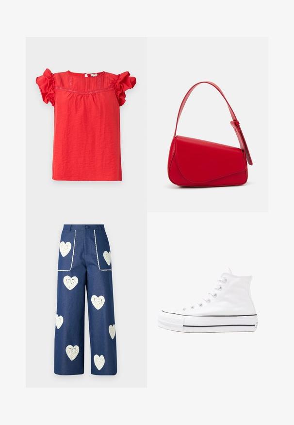 Rode top met korte mouwen van lichte stof, met ruches aan de mouwen, een textuuroverleg aan de voorkant en een keyhole sluiting aan de achterkant.; Sister Jane HEART TO HEART - Straight leg jeans - blue denim; Witte high-top canvas sneakers met een zwarte rubberen zool, een rubberen neuskap aan de voorkant en zes gaatjes voor veters, met een schone, minimalistische uitstraling.; Rode leren handtas met een hoekig, geometrisch ontwerp. Beschikt over een enkele verstelbare schouderriem en een klepclosure met gestikte details.