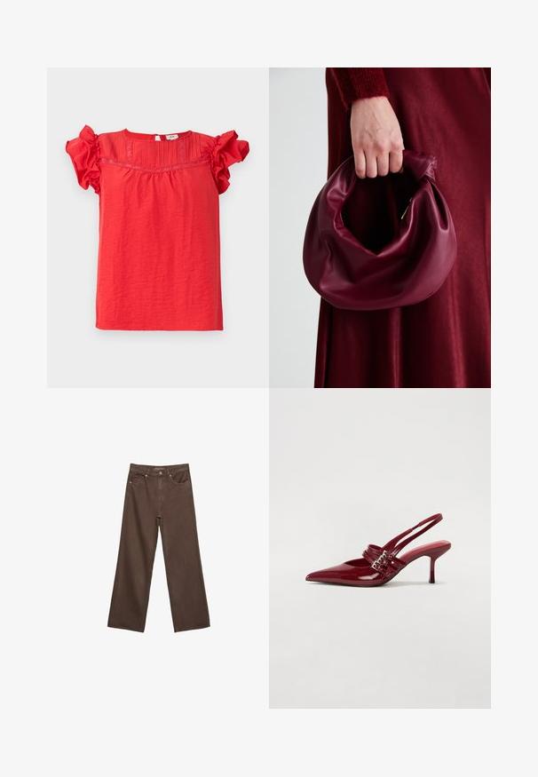 Crvena majica kratkih rukava od lagane tkanine, s volanstima na rukavima, teksturiranim prednjim panelom i otvaranjem na leđima u obliku keyhole-a.; Proširene smeđe traperice od denima, s visokim strukom, prednjim džepovima i klasičnom kopčom na dugme. Glatka tekstura s suptilnim šavovima.; Crvene patent kožne sandale s upetačom, oštrim vrhom, dva remena s kopčama i tankim, srednje visokim štiklama. Glatka tekstura.; Bordo kožni ruksač s mekim, naboranim dizajnom i zaobljenim oblikom. Ručka je sigurno pričvršćena, pokazujući glatku teksturu.