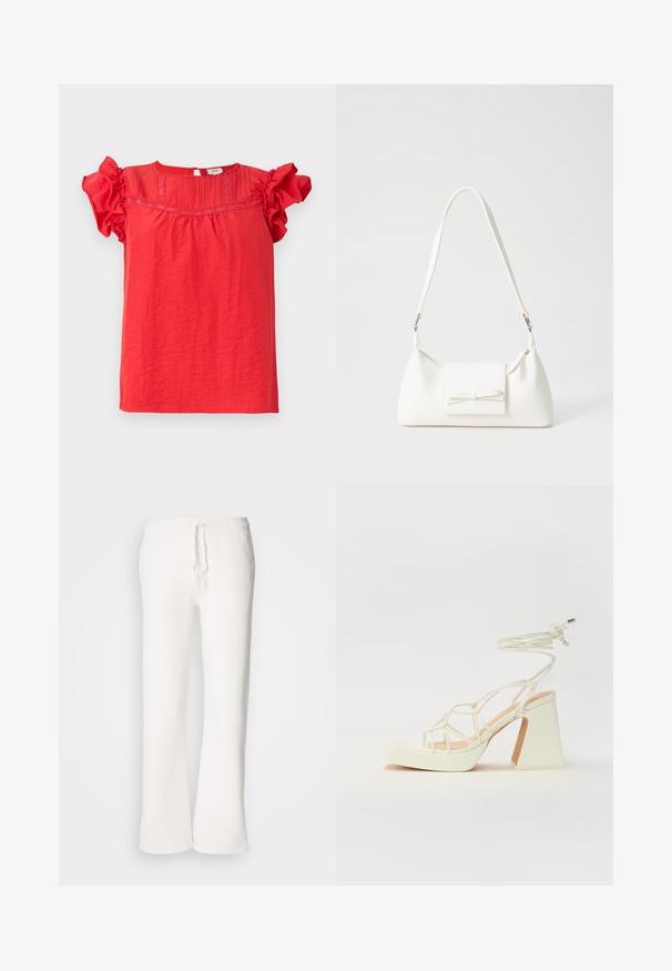 Top curto de mangas curtas em vermelho, feito de tecido leve, com mangas franzidas, painel frontal texturizado e fecho em gota nas costas.; Calças de fato brancas, de corte descontraído, feitas de um tecido macio, com um cós elástico e um cordão de ajuste, apresentando um design de pernas retas.; Sandálias brancas de salto alto com um salto robusto, apresentando um design com tiras e amarração no tornozelo. Textura suave com uma plataforma na frente para altura adicional.; Mala sintética branca com formato triangular, aba frontal plana e detalhe de laço, alça ajustável, textura suave e design minimalista.