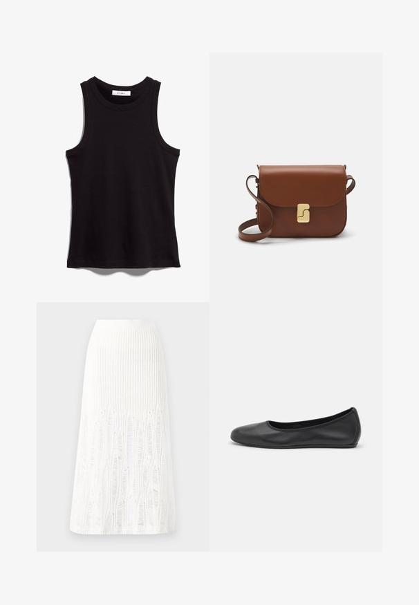 Fekete ujjatlan póló bordázott anyagból. Kerek nyakkivágással és széles karokkal rendelkezik. Egyenes szegély, varrott részletekkel. Egyszerű dizájn.; Fehér kötött midi szoknya, amelynek textúrája függőleges vonalakkal és kivágott részletekkel díszített az alján. Rugalmas derékpánt. Puha anyag.; Fekete bőr balettcipő lekerekített orral, sima tekstúrával, minimális varrással és rugalmas talp kialakítással.; Barna bőr kézitáska, hajtókás zárással, arany színű fém kiegészítőkkel, vállpánttal és sima felülettel. Kompakt téglalap alakú.