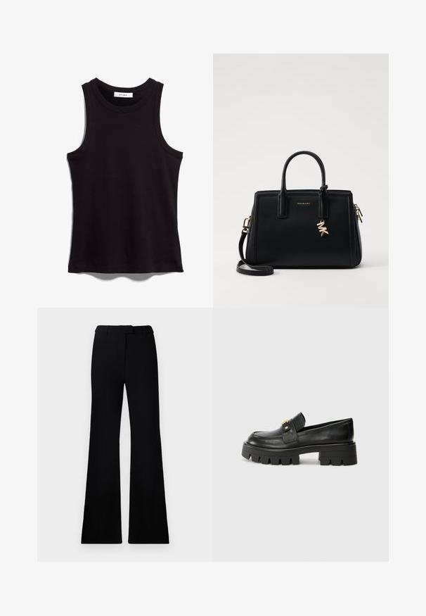 Melnā bezmugurkaula topa, kas izgatavots no ribota auduma. Iespējas ar apaļu kakla izgriezumu un plašām roku atverēm. Taisna apakšmala ar izšūšanas detaļām. Vienkāršs dizains.; Melnas paplašinātas bikses ar gludu tekstūru, pielāgotu jostasvietu un priekšējām kabatām, veidotas ar elegantu, mūsdienīgu siluetu.; Melni ādas mokasīni ar masīvu zoli, ar zeltaini akcentu priekšā un gludu apdari. Masīva protektora dizains uz zoles.; Melnas ādas rokas soma ar strukturētu dizainu, dubultiem augšējiem rokturiem, noņemamu plecu siksnu, zelta aparatūru un logo piekariņu akcentu.