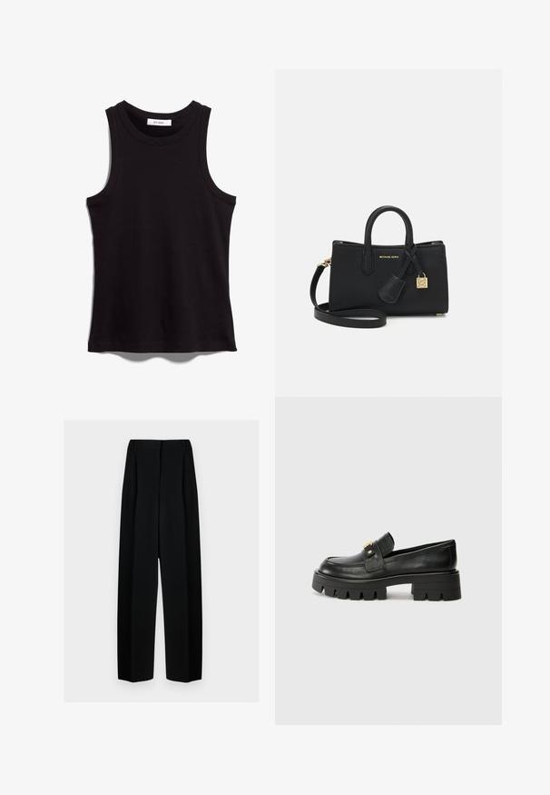 Čierny top bez rukávov z rebrovaného materiálu. Má okrúhly výstrih a široké otvory na rukávy. Priamy lem so šitými detailmi. Jednoduchý dizajn.; Čierne široké nohavice s vysokým pásom, so skladmi a hladkou textúrou. Tkanina vyzerá ľahko a elegantne sa drapuje.; Čierne kožené mokasíny s masívnou podrážkou, s akcentom v zlatej farbe na prednej strane a hladkým povrchom. Na podrážke je výrazný dezén.; Čierna kožená kabelka so štruktúrovaným dizajnom, hornými uchami a odnímateľným ramenným popruhom. Obsahuje zlaté kovania a prívesok s logom.